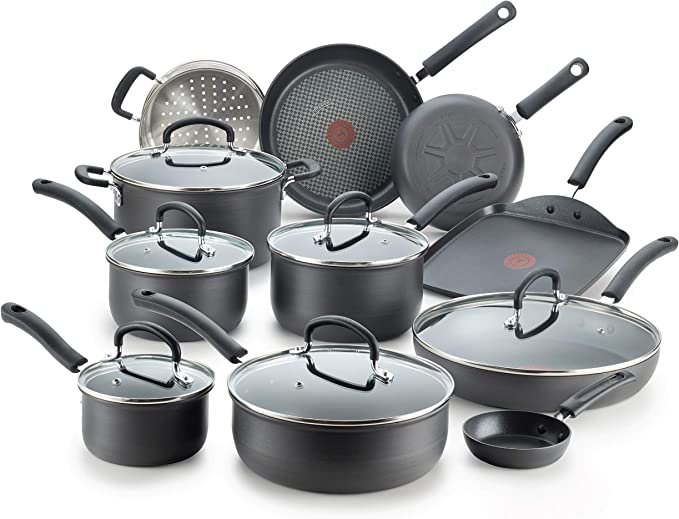 Black T-Fal Ultimate Hard Anodized Nonstick Cookware Set, 17-Piece, Dishwasher-Safe