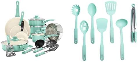 GreenLife Soft Grip Healthy Ceramic Nonstick 16 Piece Cookware Pots and Pans Set, PFAS-Free, Dishwasher Safe, Turquoise