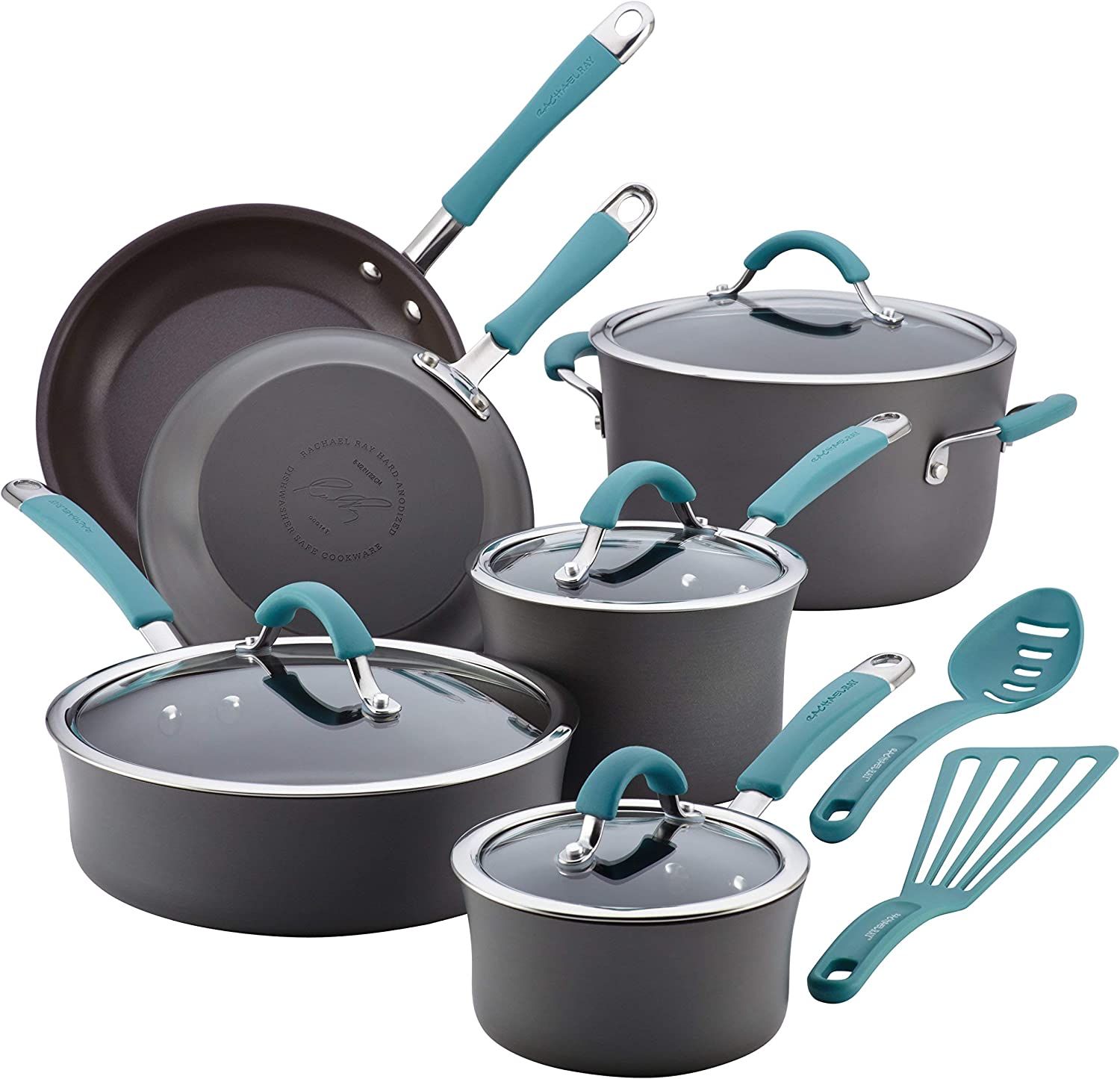 Rachael Ray Cucina Hard Anodized Nonstick Cookware Set under $200, 12 Piece, Gray with Blue Handles 